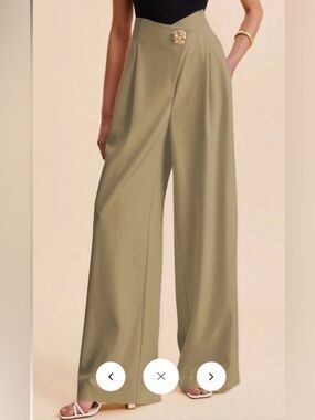 Commense Khaki Embellished High-Waist Wide Leg Pants - Large